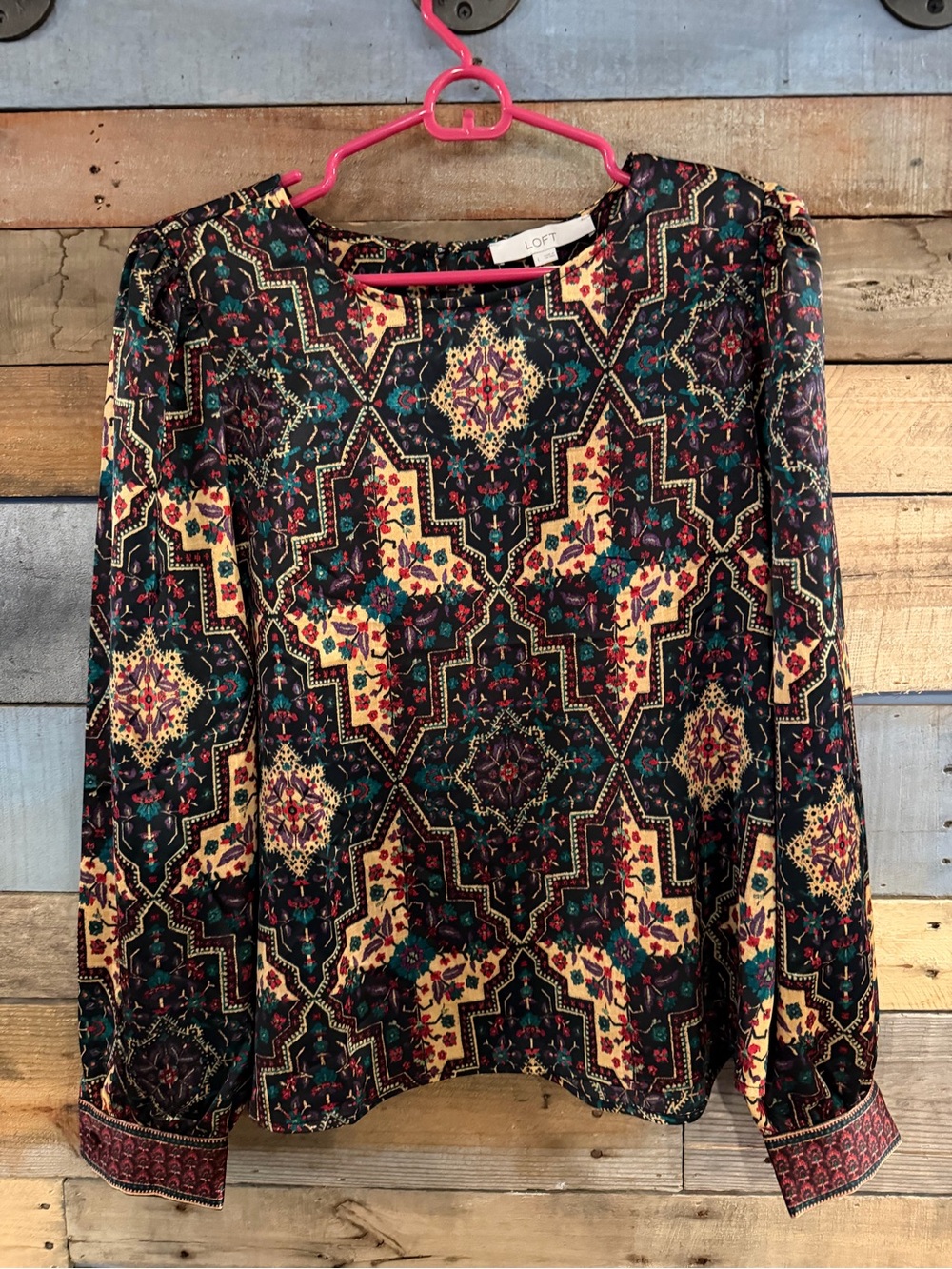 LOFT Black Multi-Pattern Long Sleeve Geometric Floral Blouse